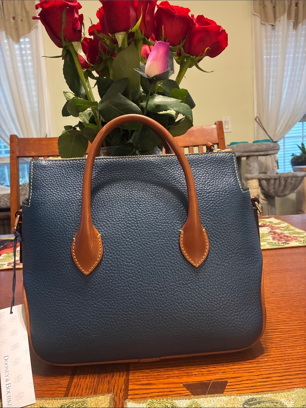 Dooney & Bourke Blue Pebbled Leather Satchel with Brown Trim and Gold Charm - Picture 2 of 9